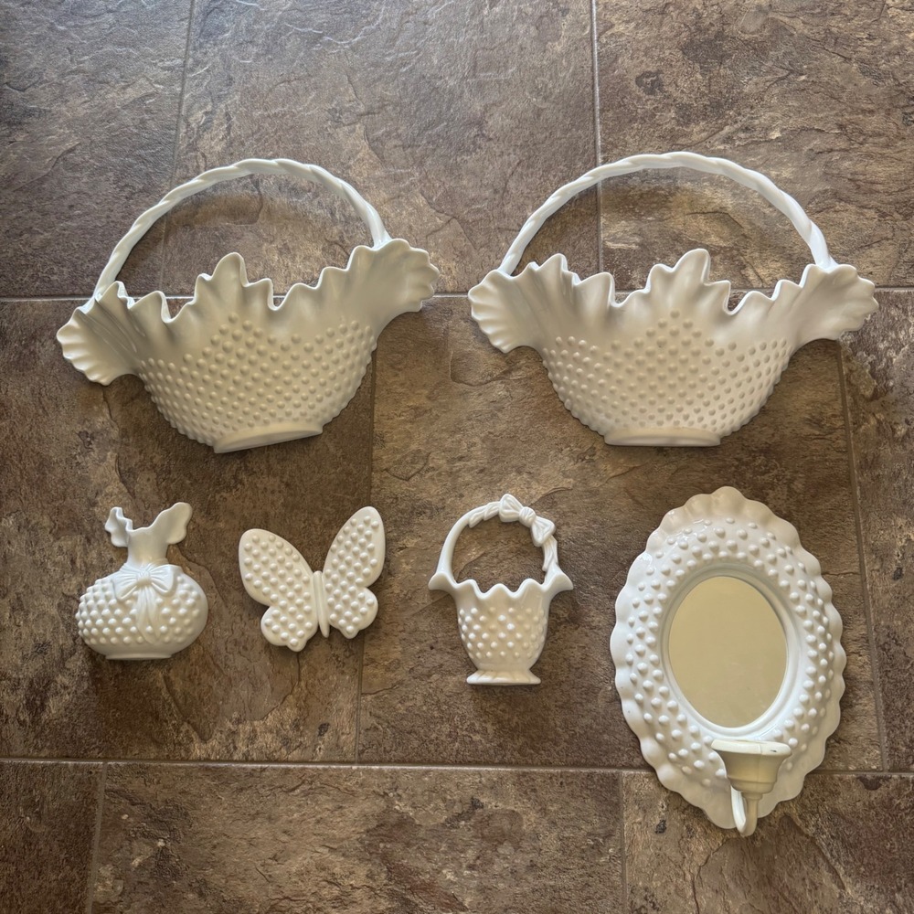 Vintage Burwood White Hobnail Wall Pocket Mirror Butterfly Decor Set 6pc White